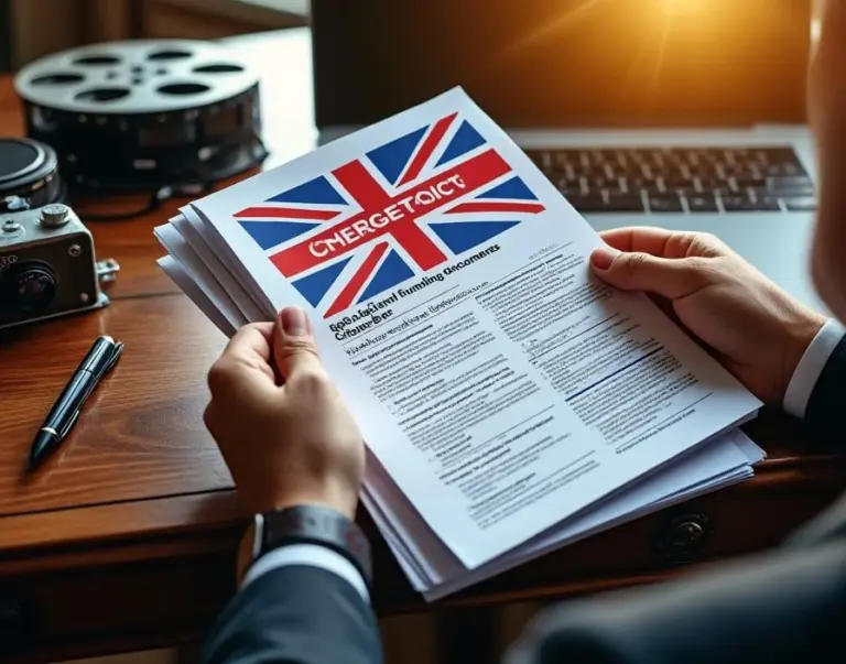"Hands in business attire holding UK funding documents and film festival brochures on mahogany desk with laptop and film equipment"