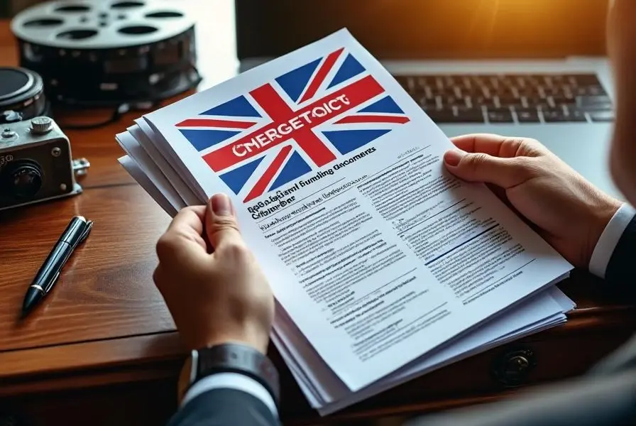"Hands in business attire holding UK funding documents and film festival brochures on mahogany desk with laptop and film equipment"