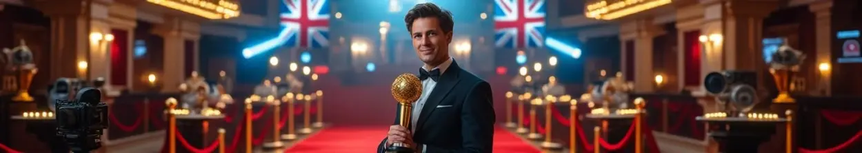 British filmmaker in dark suit holding golden trophy at prestigious film festival with red carpet and classical venue backdrop.