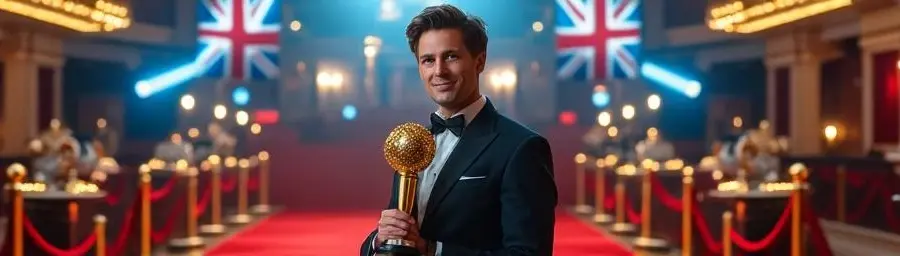British filmmaker in dark suit holding golden trophy at prestigious film festival with red carpet and classical venue backdrop.