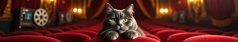 British Shorthair cat sitting regally on red velvet cinema seat in ornate movie theater with golden lighting and vintage decor.