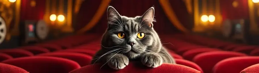 British Shorthair cat sitting regally on red velvet cinema seat in ornate movie theater with golden lighting and vintage decor.