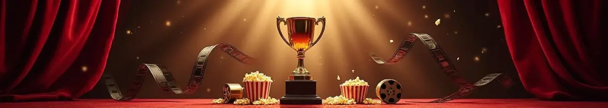 "Golden trophy surrounded by vintage film reels and movie elements against burgundy theater curtains in dramatic lighting"