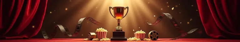 "Golden trophy surrounded by vintage film reels and movie elements against burgundy theater curtains in dramatic lighting"