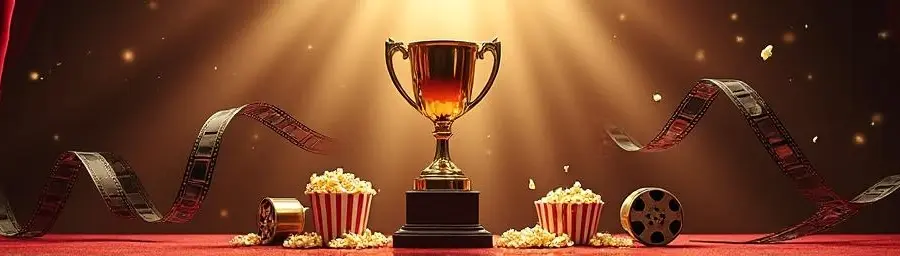 "Golden trophy surrounded by vintage film reels and movie elements against burgundy theater curtains in dramatic lighting"