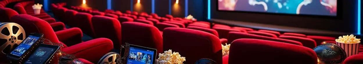 Luxurious home theater with red velvet seats, movie posters, film reels, and digital devices showing streaming content.