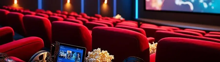 Luxurious home theater with red velvet seats, movie posters, film reels, and digital devices showing streaming content.