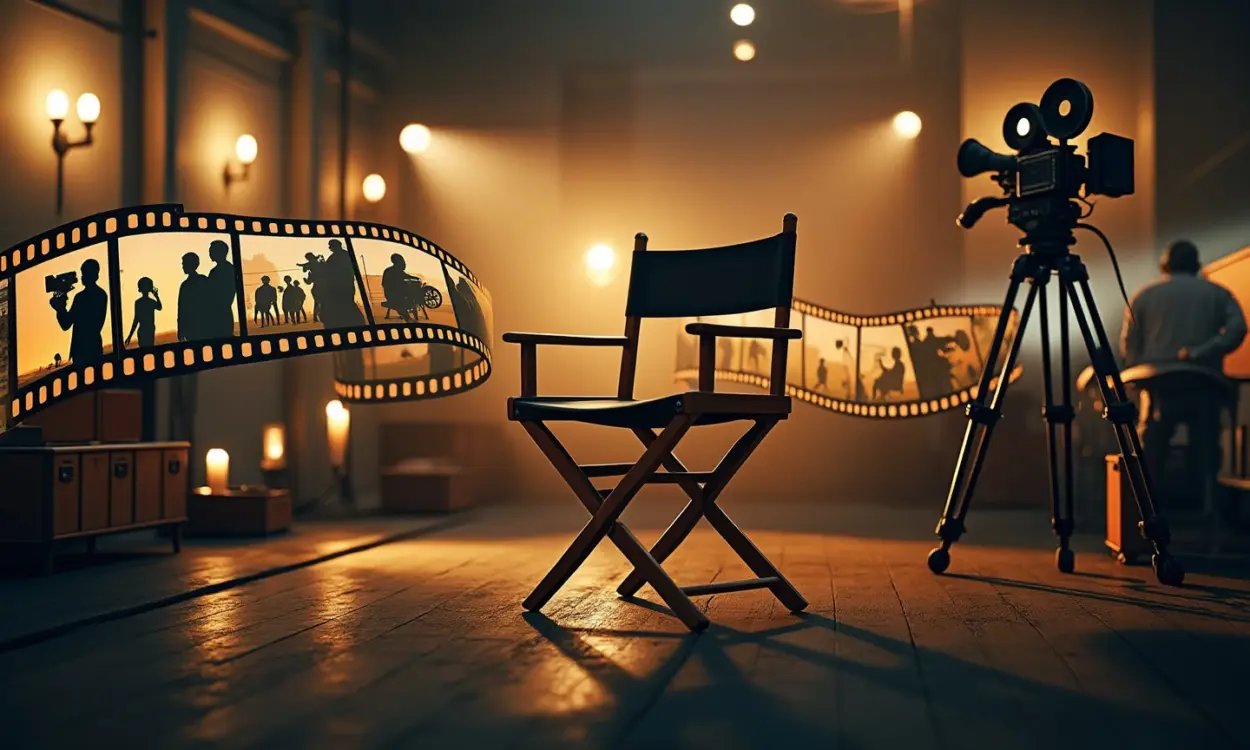 "Modern director's chair in foreground with curved film strip showing filmmaker silhouettes, vintage equipment in soft-focus background"