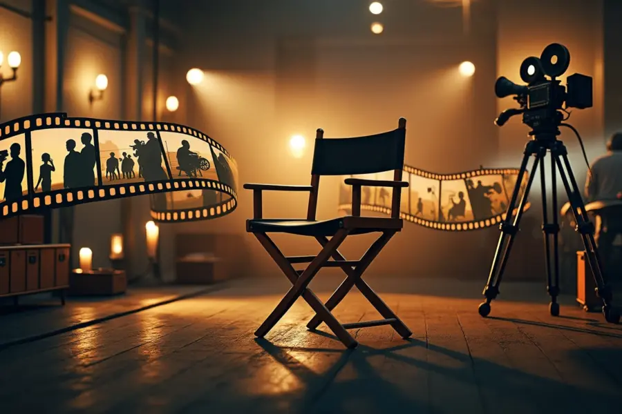 "Modern director's chair in foreground with curved film strip showing filmmaker silhouettes, vintage equipment in soft-focus background"