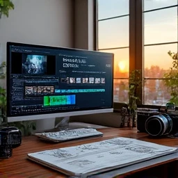 "Professional filmmaker's workspace with multiple monitors, cameras, scripts, and storyboards, featuring London view through window"