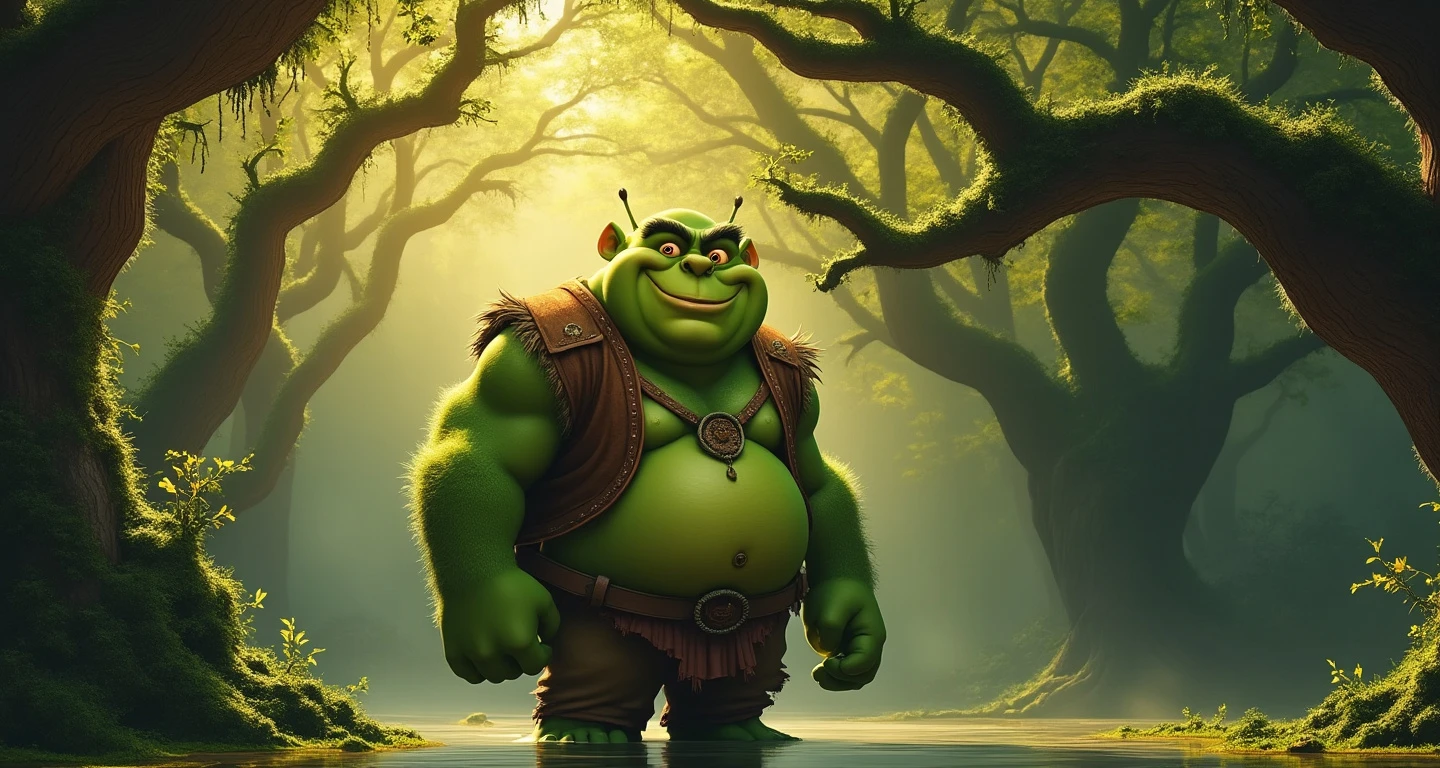 Friendly green ogre smiling warmly in a misty swamp at sunset, surrounded by moss-covered trees in fairy-tale setting