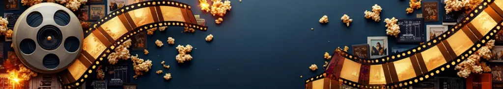 "Elokuvateemainen kollaasi, jossa filmirullia, lippuja, popcornia ja vintage-kameraobjektiivi kultaisessa ja sinisessä valaistuksessa"