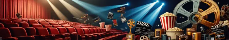 "Vintage cinema collage with film reels, theater seats, popcorn containers, and movie memorabilia on burgundy background"