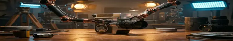 Robotic arms adjusting vintage film camera on studio table with warm amber lighting and dramatic shadows