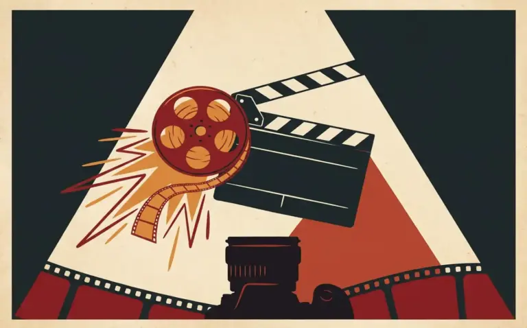 Vintage film reel unspooling onto a director's clapperboard, bold flat vector art in crimson, amber, and charcoal with dynamic motion lines.