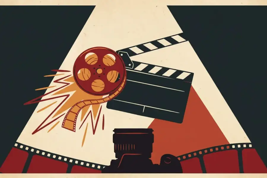Vintage film reel unspooling onto a director's clapperboard, bold flat vector art in crimson, amber, and charcoal with dynamic motion lines.