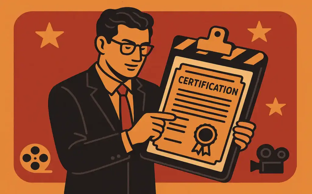 Film industry professional reviewing a certification document on a clapperboard clipboard, surrounded by star and camera reel icons in a studio setting.