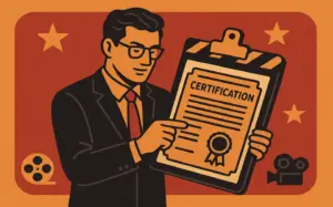 Film industry professional reviewing a certification document on a clapperboard clipboard, surrounded by star and camera reel icons in a studio setting.