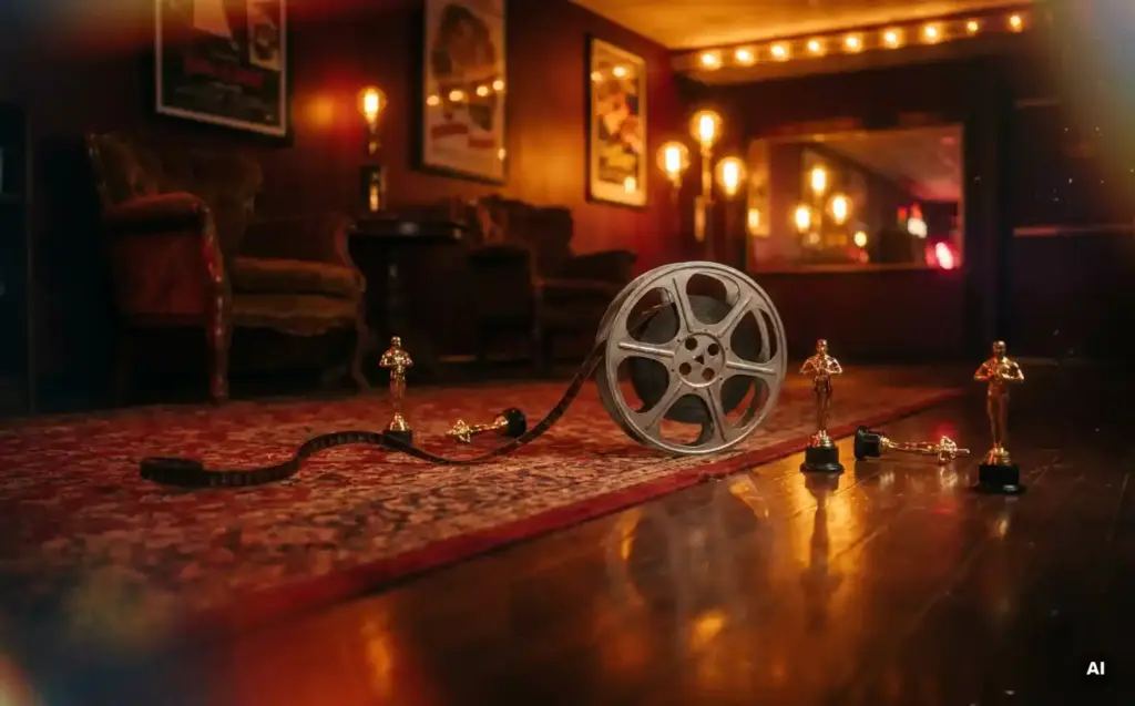 Vintage film reel unspooling on a worn red carpet, surrounded by golden award statuettes and glowing marquee lights in a cinematic lobby.