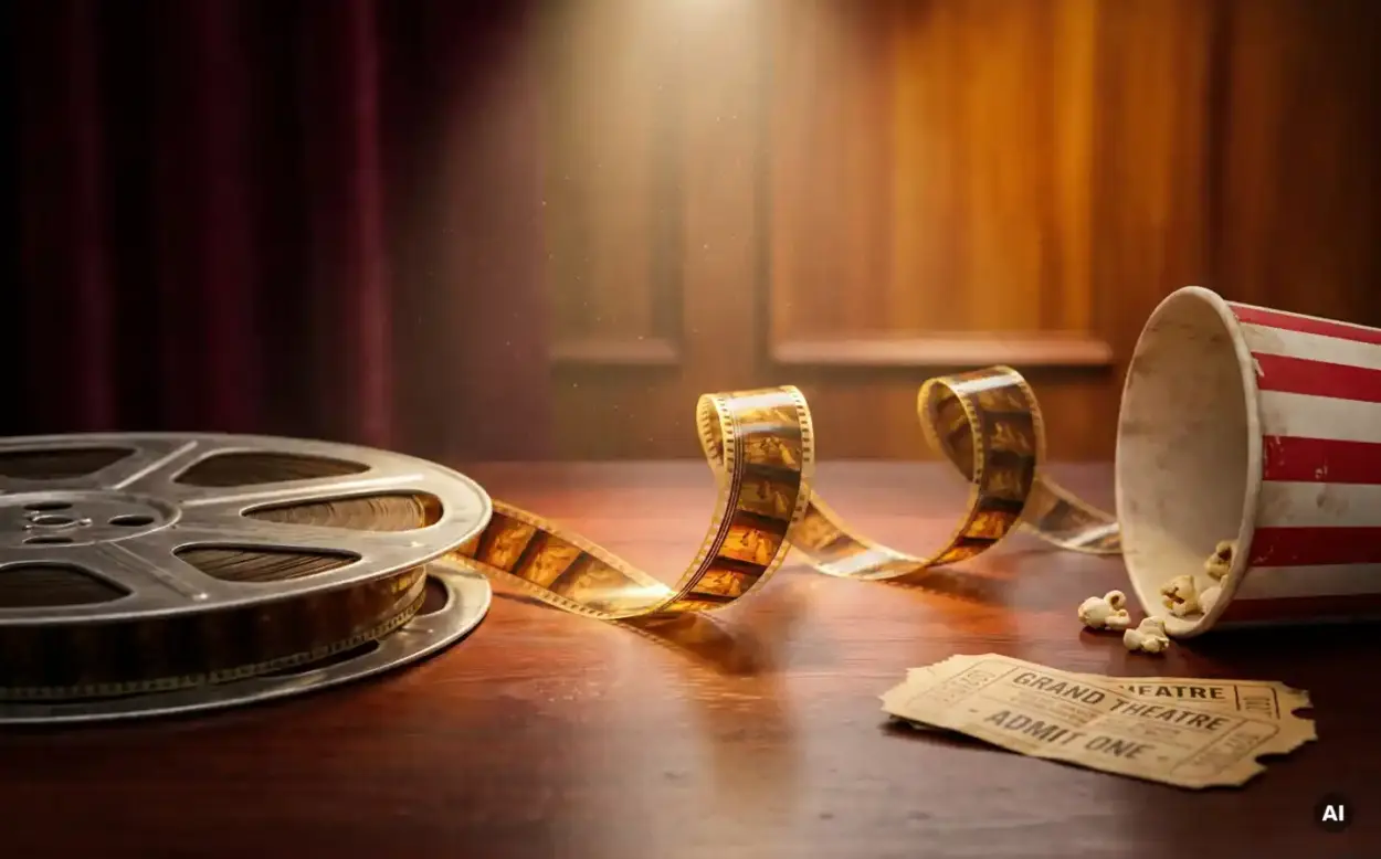 Vintage film reel unspooling on dark mahogany, golden celluloid frames lit by warm spotlight beside a popcorn bucket and cinema ticket stub.