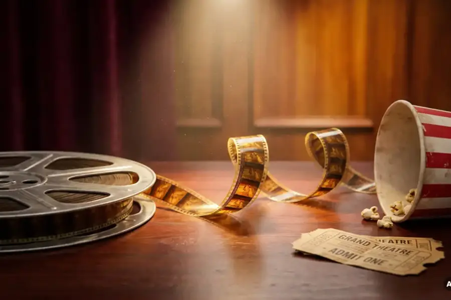 Vintage film reel unspooling on dark mahogany, golden celluloid frames lit by warm spotlight beside a popcorn bucket and cinema ticket stub.