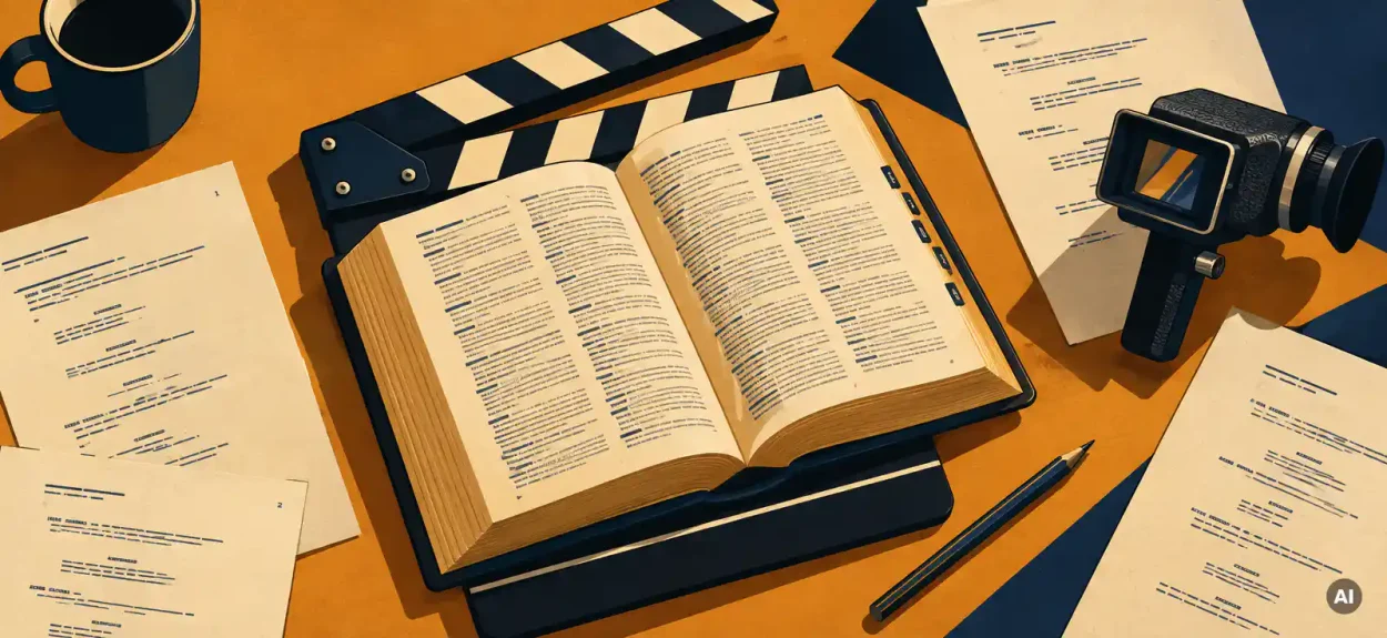 Open dictionary resting on a film clapperboard, surrounded by screenplay pages and a vintage director's viewfinder, flat vector illustration in amber, navy, and cream.