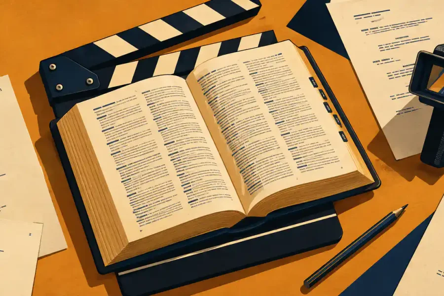 Open dictionary resting on a film clapperboard, surrounded by screenplay pages and a vintage director's viewfinder, flat vector illustration in amber, navy, and cream.