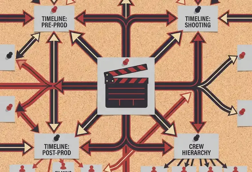 Film director's clapperboard centered on a pinboard web of production timelines and crew hierarchies linked by bold flat vector arrows in charcoal, red, and cream.