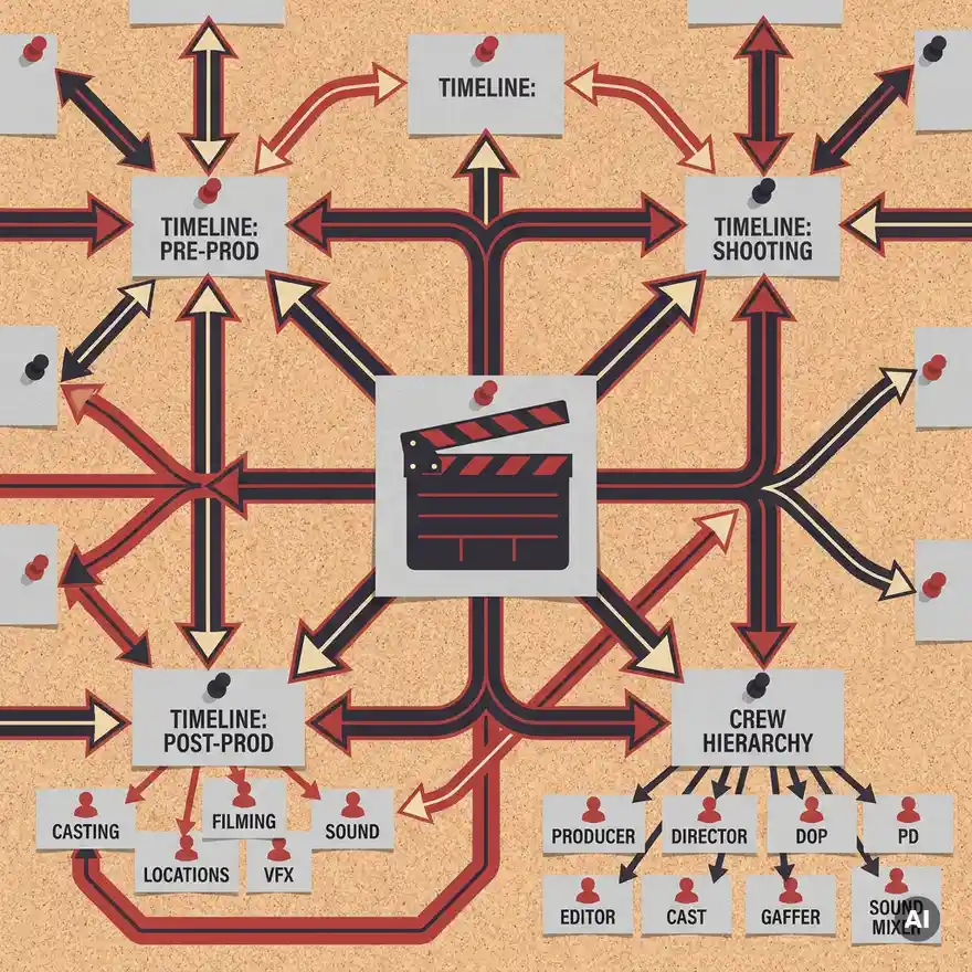 Film director's clapperboard centered on a pinboard web of production timelines and crew hierarchies linked by bold flat vector arrows in charcoal, red, and cream.